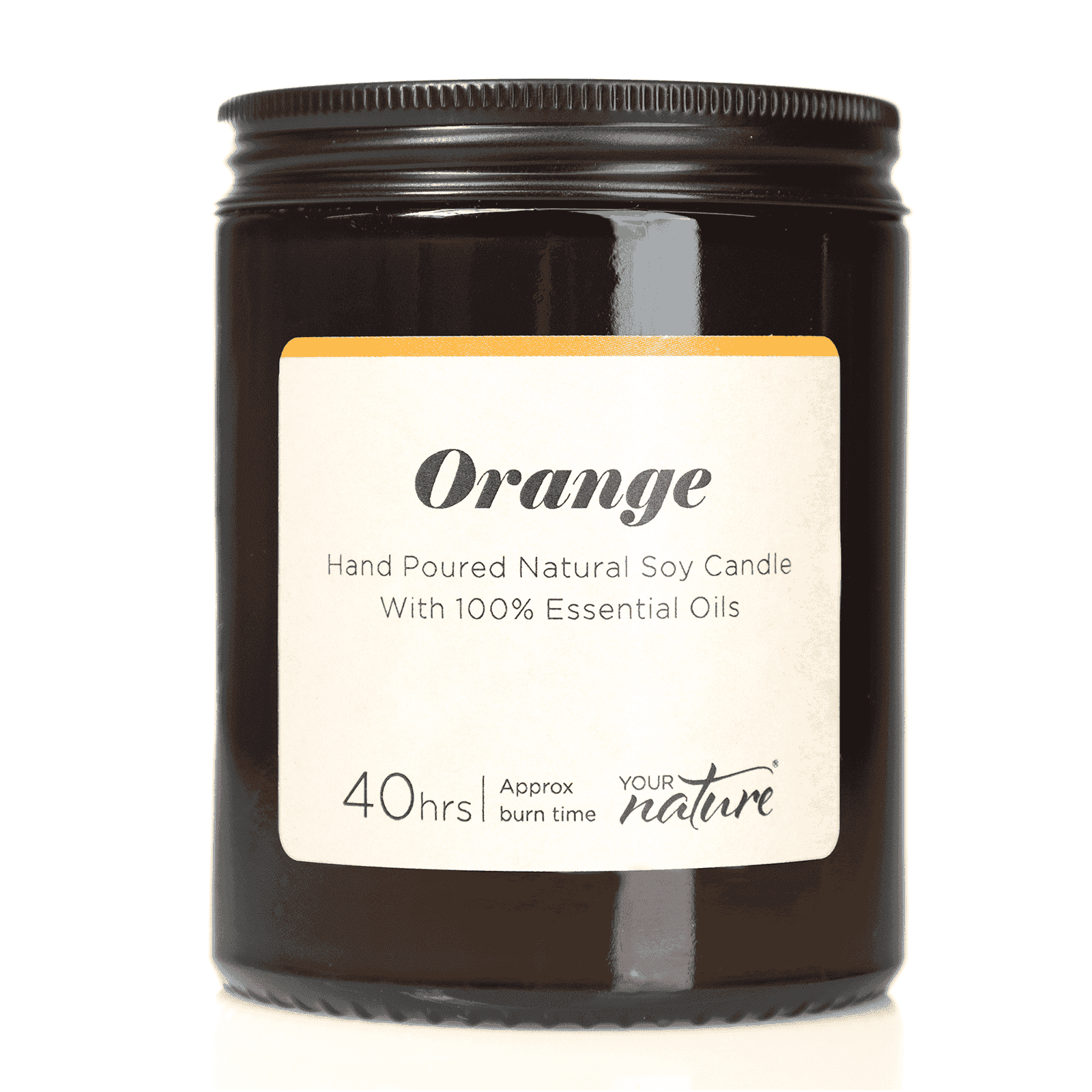 Orange scented candle with open lid and fragrance icons
